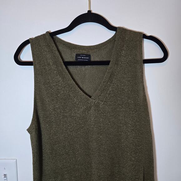 Lucky Brand V-Neck Sweater Vest Size M Olive Green Linen Blend Side Slits Boho - Picture 2 of 8